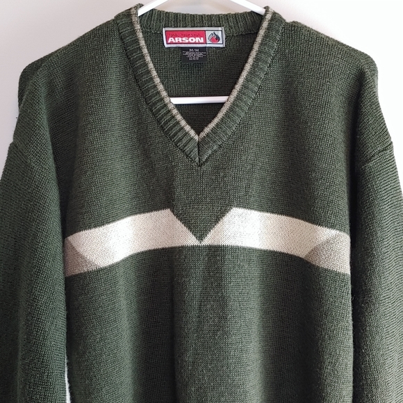 Vtg Arson Pullover Sweater Olive Green Men's Sz M V-neck Wool Blend - Picture 2 of 9
